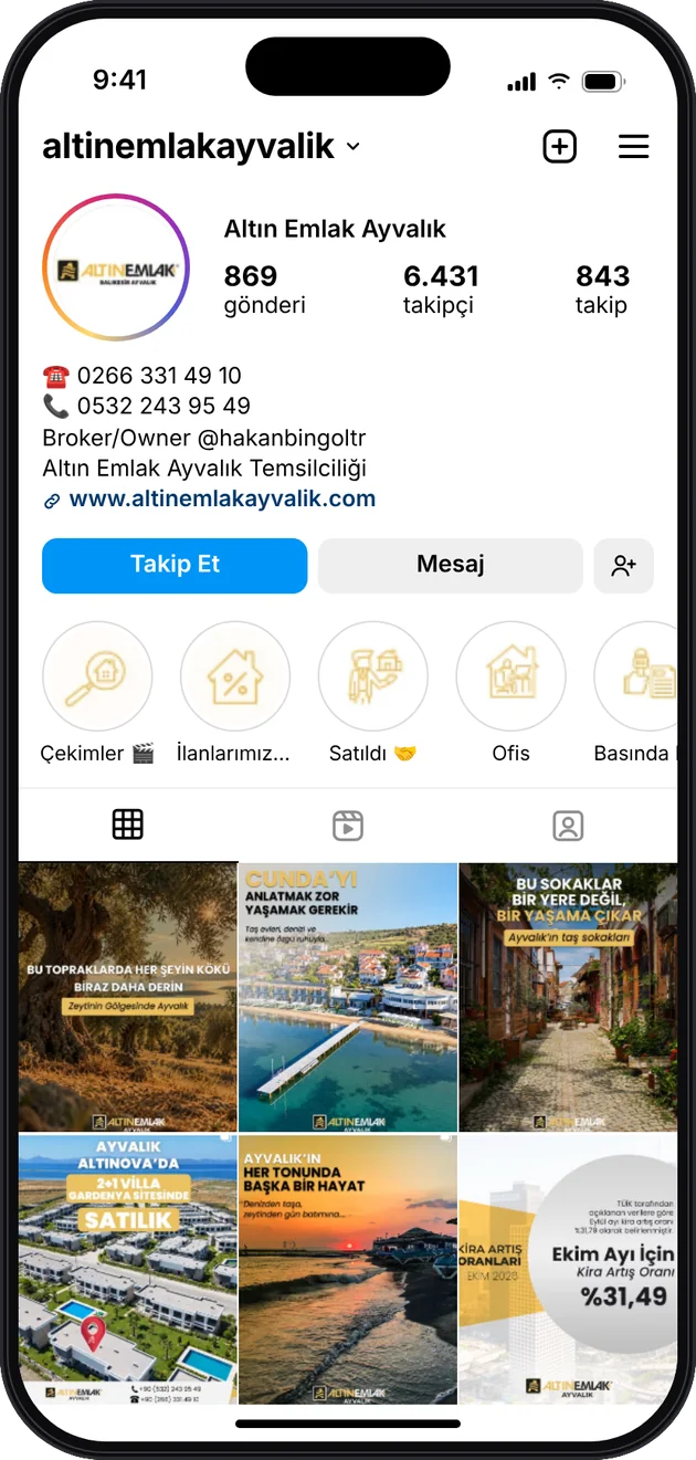 Altın Emlak Ayvalık Instagram profili — Instagram ve Facebook reklam yönetimi · ESC Branding