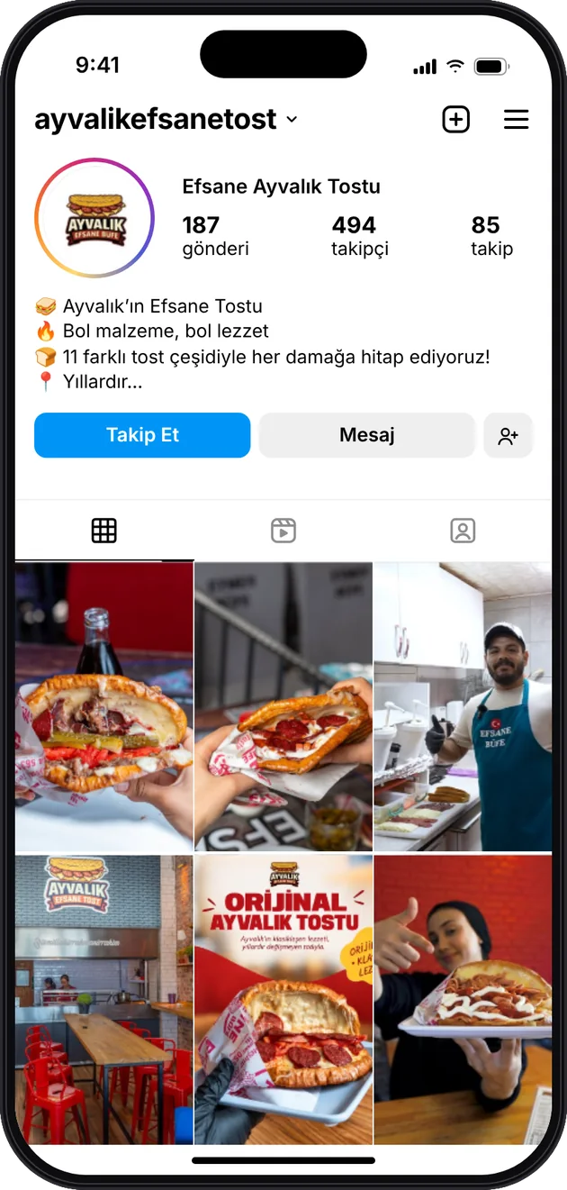 Efsane Ayvalık Tostu Instagram profili — sosyal medya yönetimi · ESC Branding