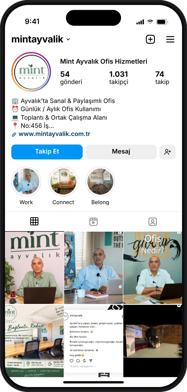 Mint Ayvalık Paylaşımlı Ofis Instagram profili — Instagram ve Facebook reklam yönetimi · ESC Branding