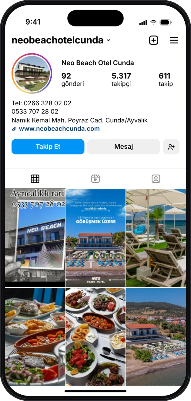 Neo Beach Otel Cunda Instagram profili — Instagram ve Facebook reklam yönetimi · ESC Branding