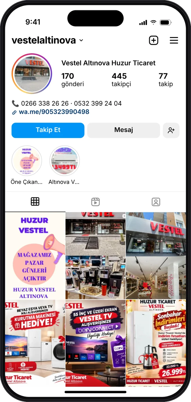 Vestel Altınova Instagram profili — Instagram ve Facebook reklam yönetimi · ESC Branding