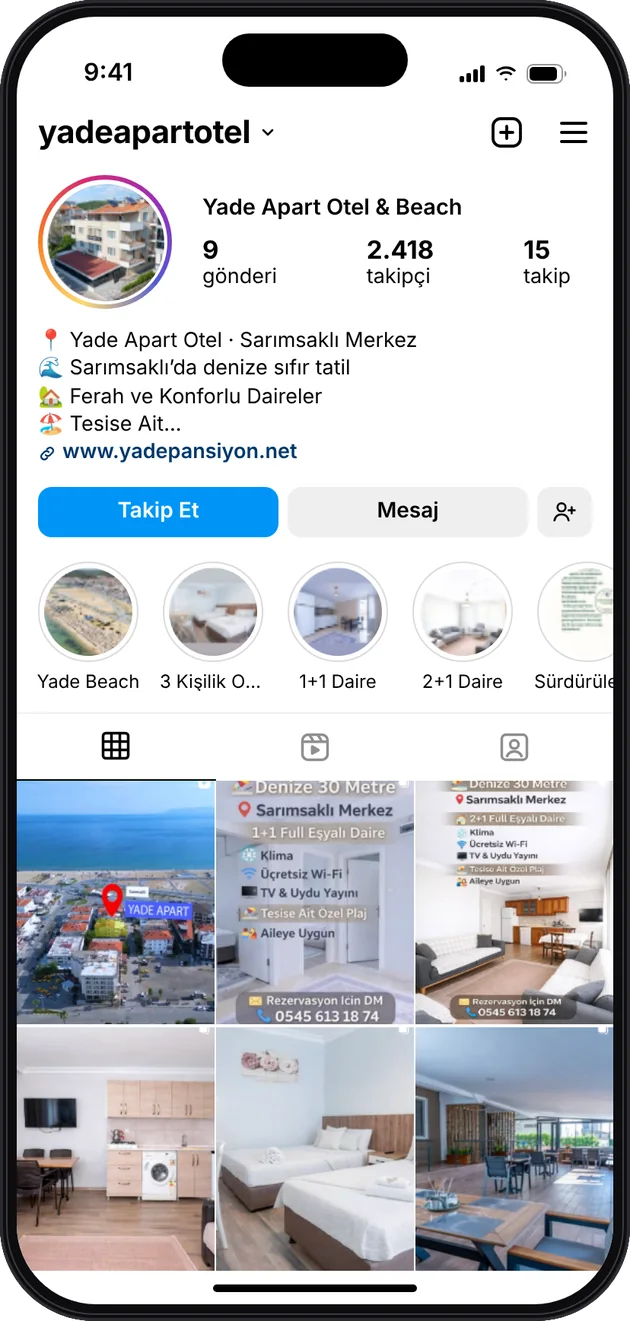 Yade Apart Pansiyon Instagram profili — Instagram ve Facebook reklam yönetimi · ESC Branding